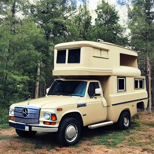 Prompt: “a 1971 beige mercedes 508d truck that has been converted into an rv with a raised roof”