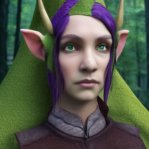 Image similar to anya charlota as a medieval fantasy tolkien elf, dark purplish hair tucked behind ears, wearing a green tunic with a fur lined collar and brown leather armor, wide, muscular build, scar across nose, one black, scaled arm, cinematic, character art, digital art, forest background, realistic. 8 k, 3 d render, detailed.