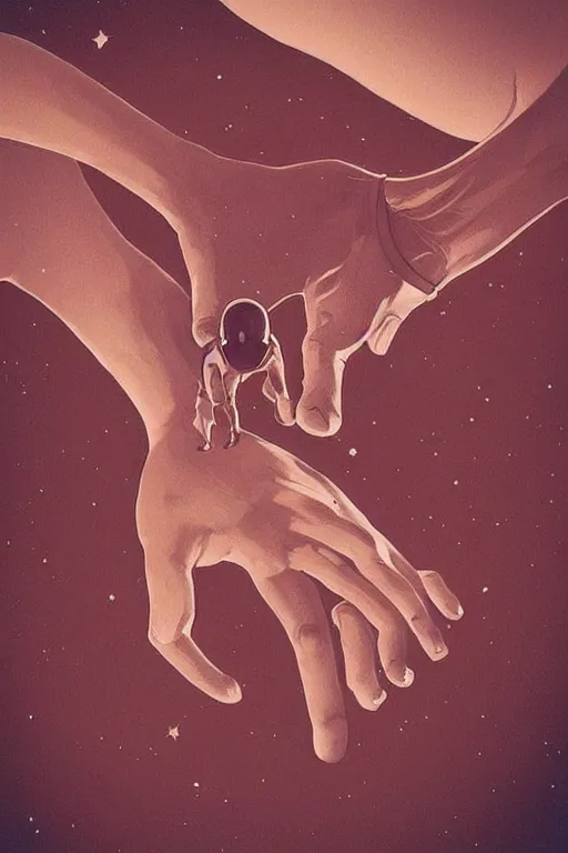 Image similar to “Human holding hands of alien, set in a large stadium full of approving onlookers, Moebius, Artstation”
