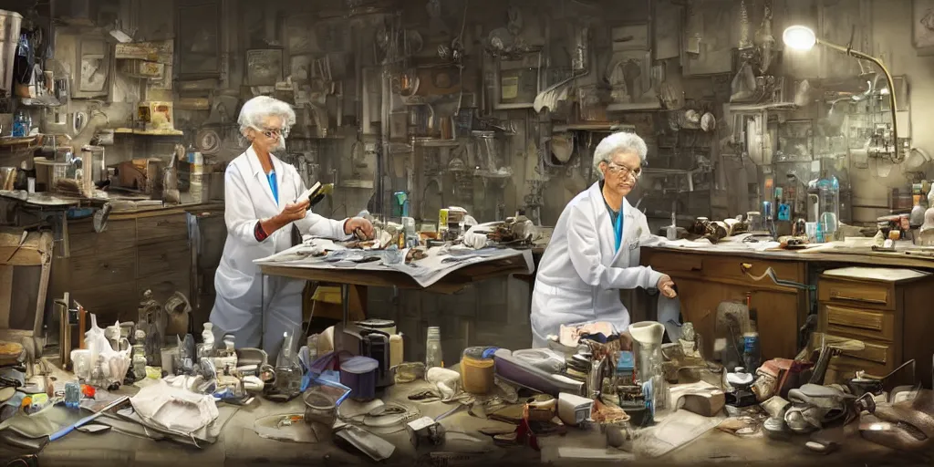 Image similar to an environmental concept art of an elderly female scientist in a cluttered workshop, surigcal impliments, surgery table, highly detailed, cinematic, dramatic