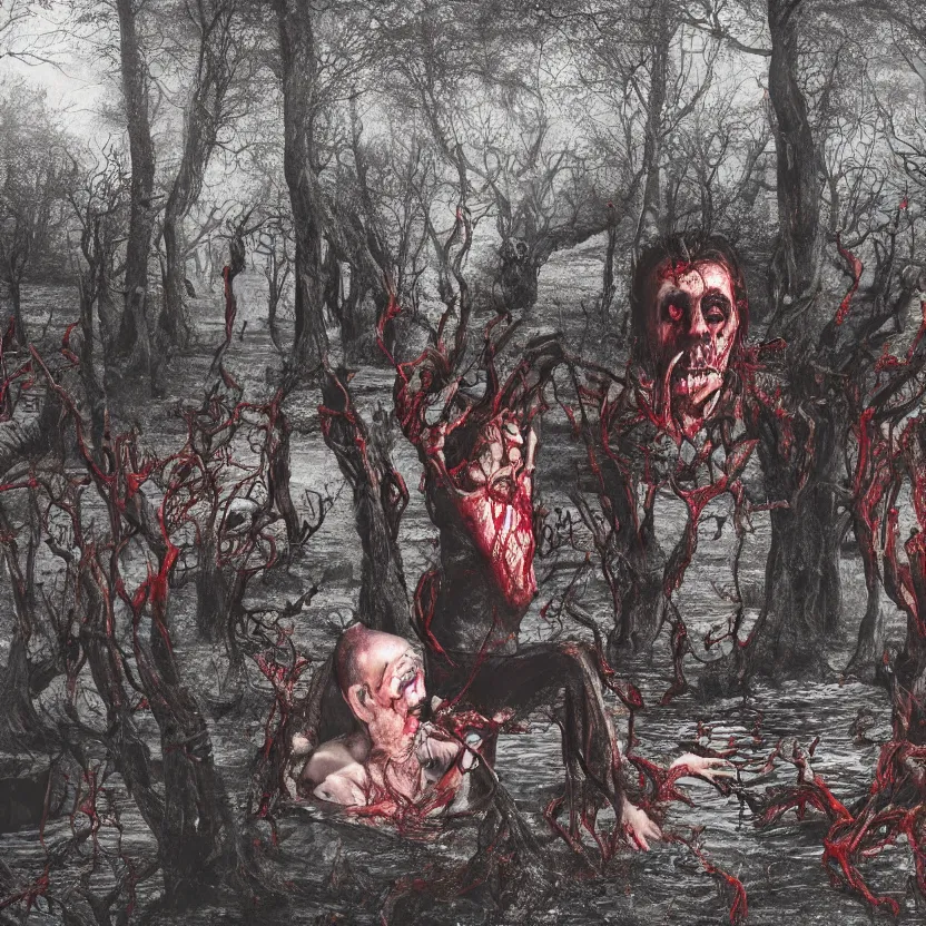 Image similar to a portrait of a man with five heads, twelve arms, sitting on chair made of human limbs, the chair is floating in a lake of blood, around the lake are melting trees, digital art, hyperrealistic nightmare scene, supernatural, highly detailed, creepy, terrifying