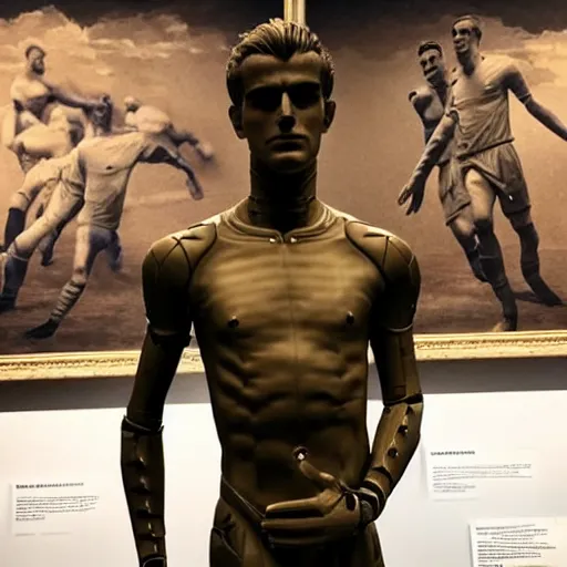 Image similar to “ a realistic detailed photo of a guy who is an attractive humanoid who is half robot and half humanoid, who is a male android, soccer player antoine griezmann, shiny skin, posing like a statue, blank stare, at the museum, on display ”