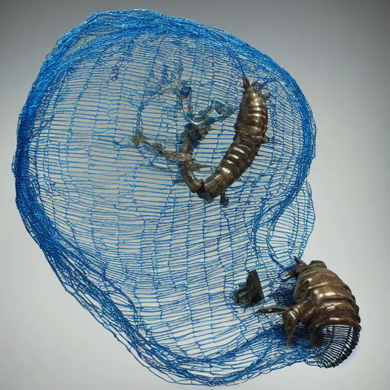 Prompt: hyperrealistic sculpture of a bronze fossilized flounder isopod in a large mesh cage made of blue nylon wire and latex on a pedestal by ron mueck and duane hanson and lee bontecou, hyperrealistic dramatic colored lighting trending on artstation 8 k