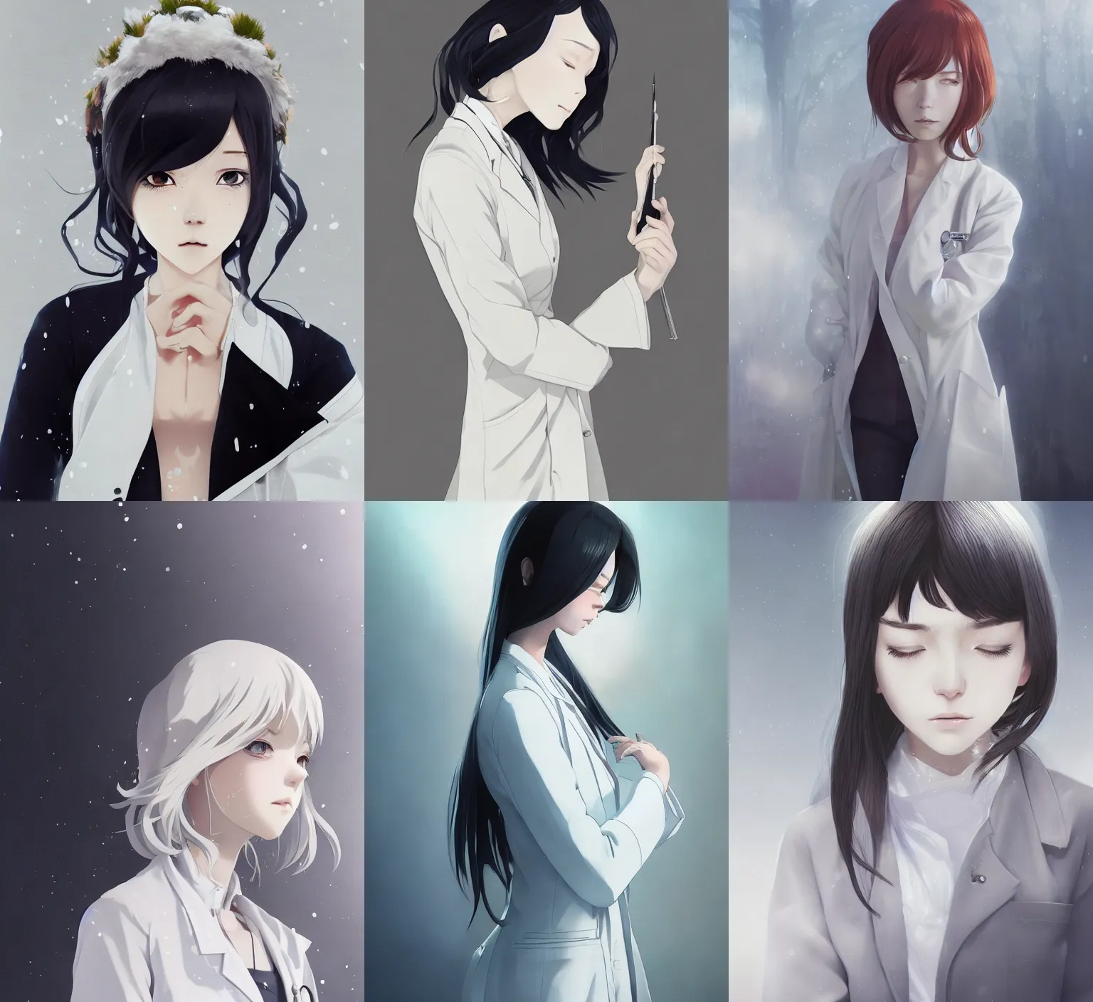 Image similar to detailed, sharp, full body portrait of a sad and gloomy crying female physician wearing a white coat by Ilya Kuvshinov and Anna Dittmann and studio ghibli and WLOP and Rossdraws, digital art, trending on artstation, anime arts, featured on Pixiv, HD, 8K, highly detailed, good lighting, beautiful, epic, masterpiece