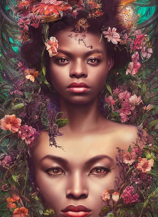 Image similar to portrait of the african queen of the underworld, surrounded by flowers by karol bak, james jean, tom bagshaw, rococo, sharp focus, trending on artstation, cinematic lighting, hyper realism, octane render, 8 k, hyper detailed.