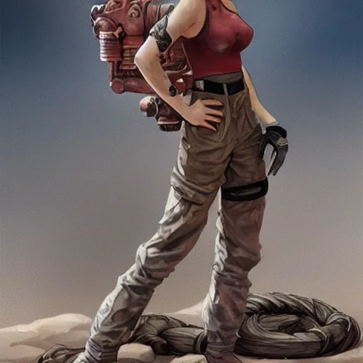 Image similar to tattooed dirty stoic butch heroic emotionless blonde woman engineer in tattered dirty coveralls, very short messy hair, victorian goggles, back pose, crossing primitive hostile alien desert, clouds of red dust, highly detailed, digital painting, artstation, concept art, matte, sharp focus, illustration, art by moebius and artgerm and greg rutkowski