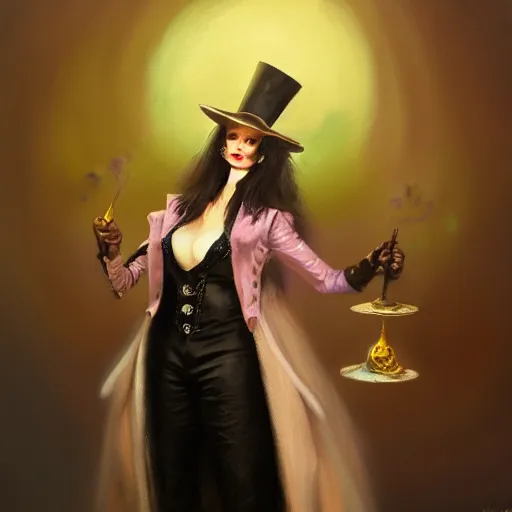 Prompt: oil painting of a rabbit dressed like a female magician with a top hat and a magic wand, urban fantasy art by seb mckinnon, artstation npc character design, top - rated