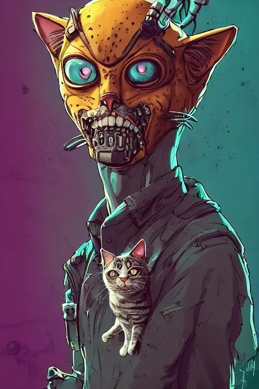 Image similar to a study of cell shaded portrait of a cat as a borderlands 3 character, llustration, post grunge, evil vibe, concept art by josan gonzales and wlop, by james jean, Victo ngai, David Rubín, Mike Mignola, Laurie Greasley, highly detailed, sharp focus, alien, Trending on Artstation, HQ, deviantart, art by artgem