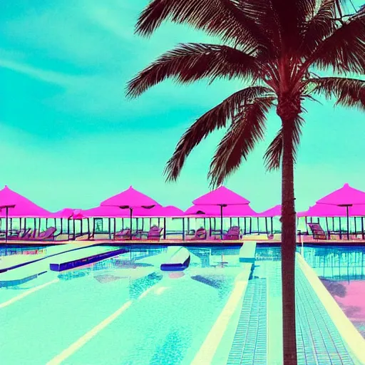 Prompt: hotel california, motel, swimmingpool, sunset, palms, beach, sunset, vaporwave, pink, blue, green, purple, aesthetic.