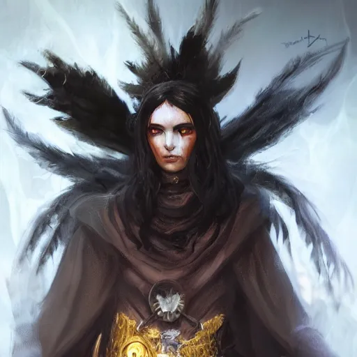 Prompt: magic the gathering character art by bastien lecouffe deharme of a eldritch native american warrior female, with freckles and black spidery hair, wearing black armor with gold lining and a cloak made out of billowing shadows and black feathers, black halo shining over her head, 8 k dop dof