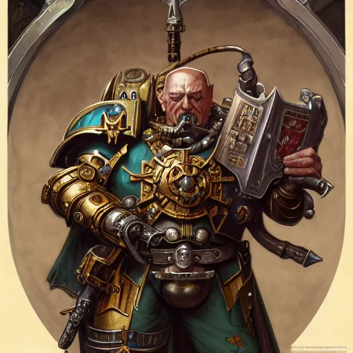 Prompt: full portrait of warhammer 4 0 k mike meyers, fantasy, d & d, intricate, detailed, by by alphonse mucha, adolfo hohenstein, alice russell glenny, stanley artgerm lau, greg rutkowski, detailed, trending on artstation, trending on artstation, smooth