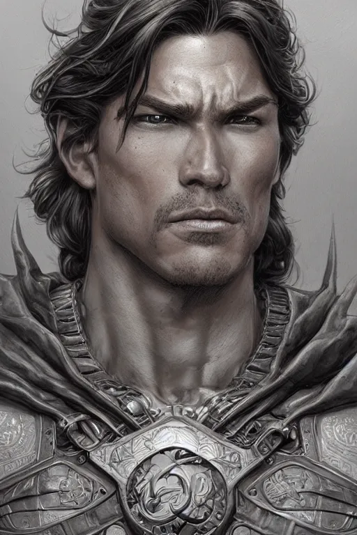 Image similar to muscled ruggedly handsome hero, intricate, elegant, highly detailed, centered, digital painting, artstation, concept art, smooth, sharp focus, illustration, art by artgerm and donato giancola and Joseph Christian Leyendecker, Ross Tran, WLOP
