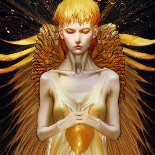 Image similar to prompt : angel women with golden wings soft light painted by james jean and katsuhiro otomo and erik jones, inspired by akira anime, smooth face feature, intricate oil painting, high detail illustration, sharp high detail, manga and anime 1 9 9 9