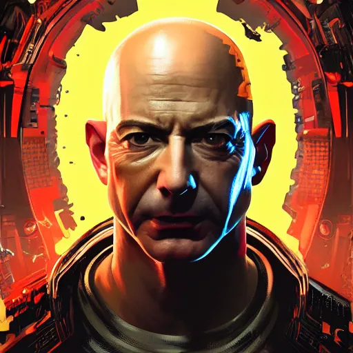 Image similar to front view, vicious, mad, ominous portrait of Jeff Bezos as a cyberpunk 2077 loading screen, symmetry, front view, intricate, studio, art by anthony macbain + greg rutkowski + alphonse mucha, concept art, 4k, sharp focus