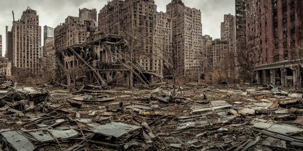 Prompt: An abandoned, post-apocalyptic New York City, buildings in ruins. HD worth1000.com photography, award winning photos from the apocalypse, historical archive, National Geographic. Favorites on Deviantart, Trending on Artstation