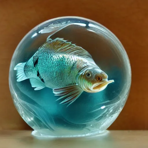 Prompt: transparent marble with a fish swimming inside of it