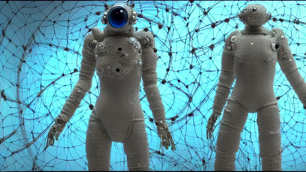 Image similar to a cybernetic symbiosis of a single astronaut mech-organic eva suit made of pearlescent wearing knitted shiny ceramic multi colored yarn thread infected with diamond 3d fractal lace iridescent bubble 3d skin dotted covered with orb stalks of insectoid compound eye camera lenses floats through the living room, film still from the movie directed by Denis Villeneuve with art direction by Salvador Dalí, wide lens,kevlar,carbon fiber,ceramics,gaseous materials,