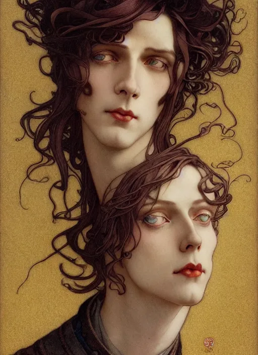 Image similar to edmund dulac, leyendecker, highly detailed portrait, a beautiful androgynous sebastian michaelis, long hair, tall and thin, wearing several pendants, art nouveau, stephen bliss, unreal engine, by greg rutkowski, loish, ferdinand knab, ilya kuvshinov, rossdraws, tom bagshaw, alphonse mucha, global illumination, radiant light