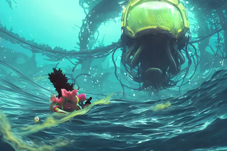 Prompt: afro - futurist scuba divers escaping a gigantic alien angler fish through a kelp forest | hyperrealistic digital painting by makoto shinkai, ilya kuvshinov, lois van baarle, rossdraws | afrofuturism in the style of hearthstone and overwatch, trending on artstation