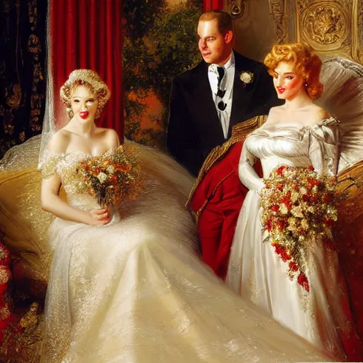 Image similar to detailed painting of prince william marrying attractive marilyn monroe, highly detailed painting by gaston bussiere, craig mullins, j. c. leyendecker 8 k, smiling couple, royal painting