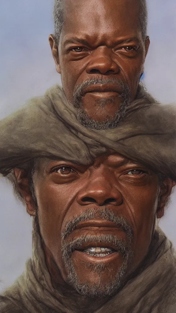 Image similar to portrait of samuel jackson, by alan lee, lord of the rings calendar, smooth, detailed terrain, oil painting, matte painting, concept art, trending on artstation