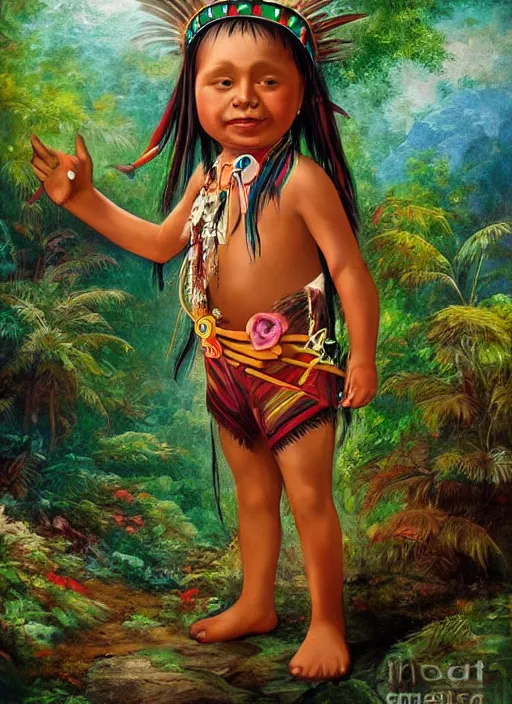 Prompt: a beautiful painting of an indigenous child celebrating in the jungle, fantasy art, matte painting, highly detailed