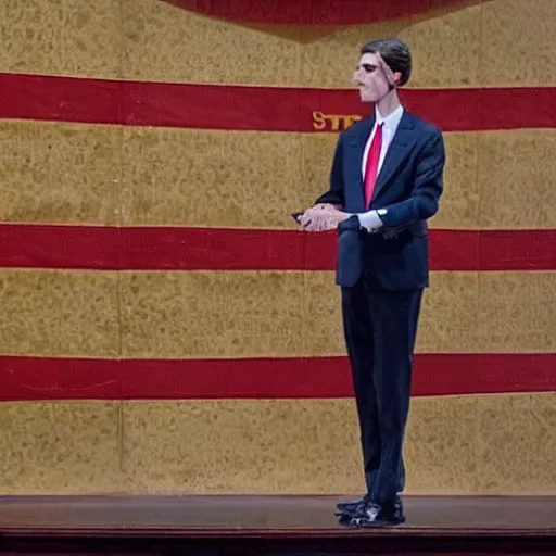 Prompt: a giraffe with a tie and pants on the spanish congressional stage