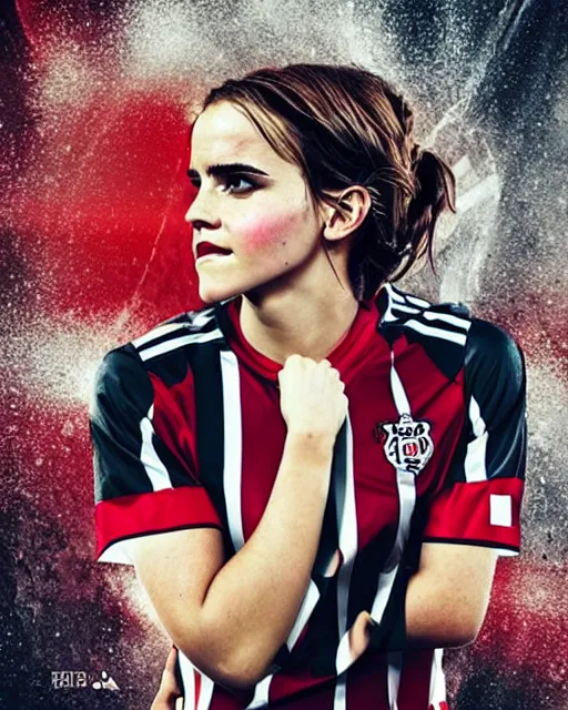 Image similar to a portrait of emma watson wearing lokomotiv football shirt, hyper realistic