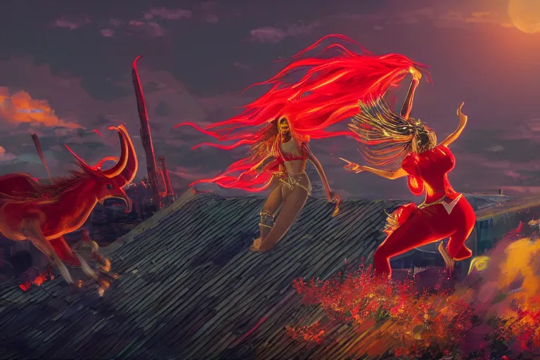 Prompt: beyonce dressed as a riding a red horse is attacking an powerful goddess on a harlem rooftop, highly detailed, 4k resolution, lighting, anime scenery by Makoto shinkai