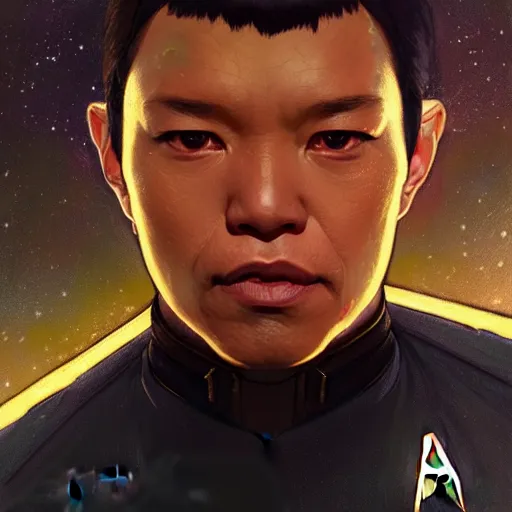 Image similar to star trek starship captain, finely detailed features, closeup at the face, perfect art, gapmoe yandere grimdark, trending on pixiv fanbox, painted by greg rutkowski makoto shinkai takashi takeuchi greg rutkowski, alphonse mucha, akihiko yoshida