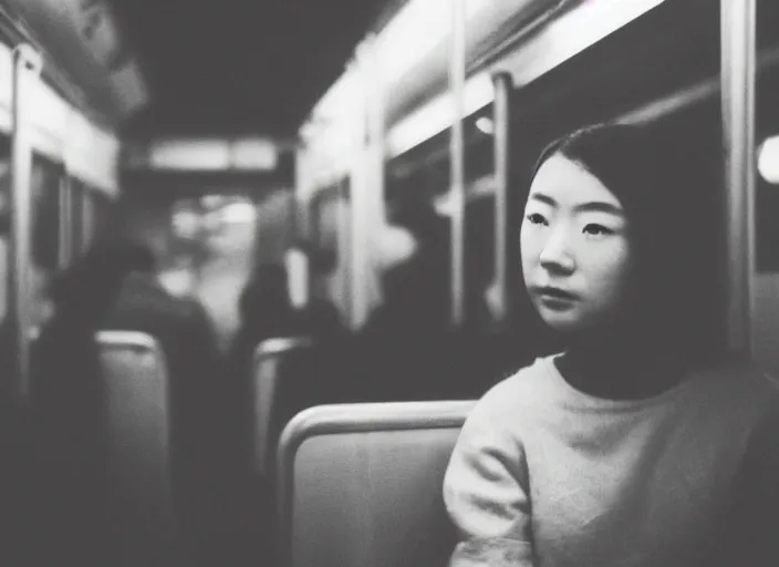 Prompt: photo of a young japanese woman on a train at night
