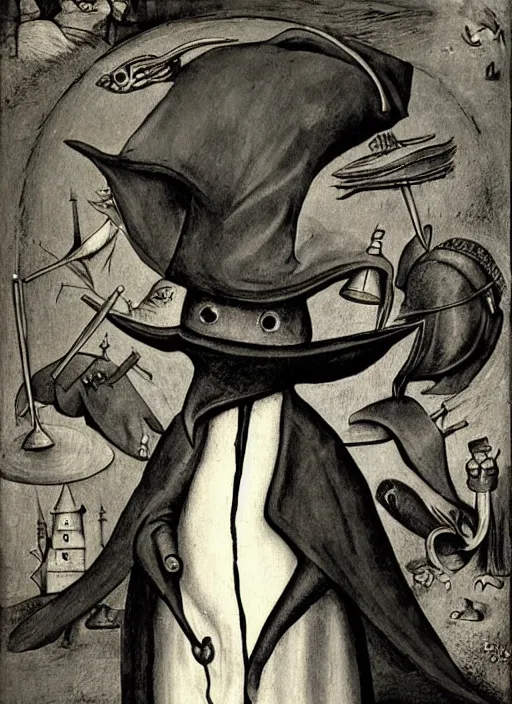 Image similar to plague doctor in the style of Hieronymus Bosch