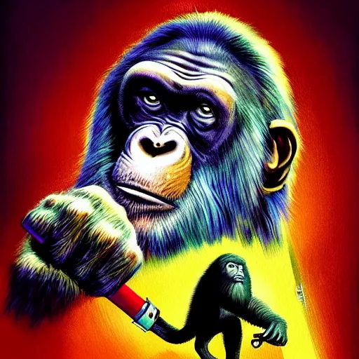 Image similar to elderly grandpa ape with a cane, colorful, digital art, fantasy, magic, trending on artstation, ultra detailed, professional illustration by basil gogos