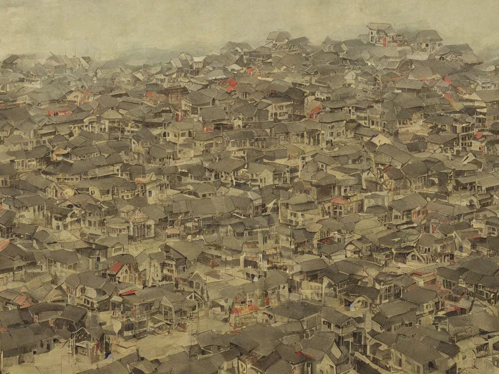 Prompt: painting of a town by huang gongwang