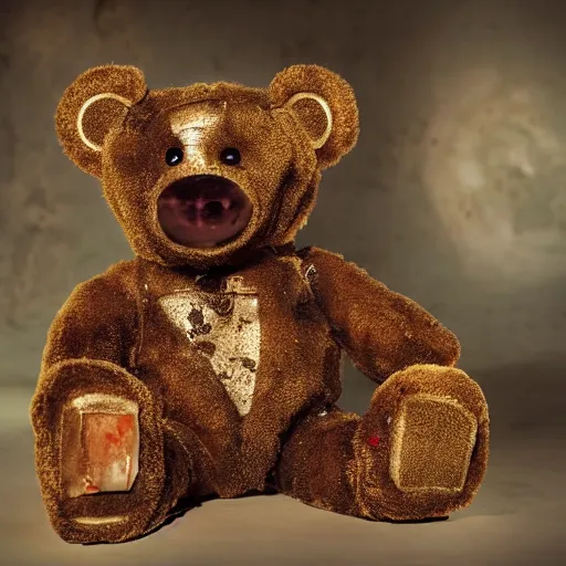 Prompt: a cyborg teddy bear covered in blood