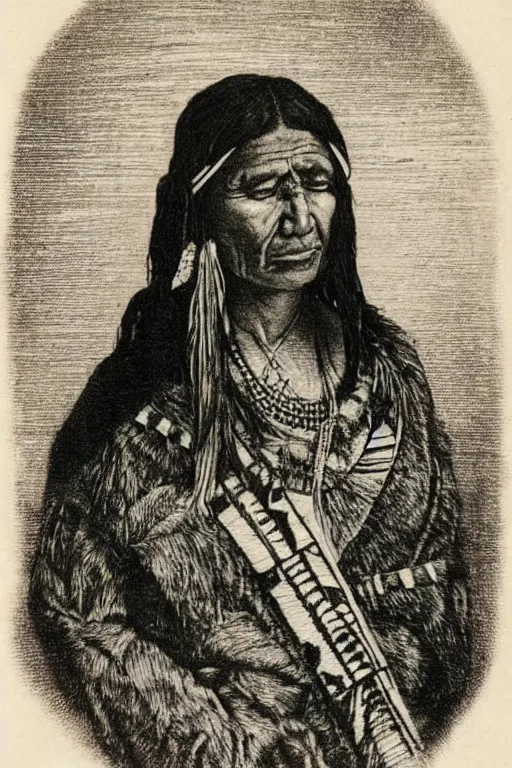 Image similar to “19th century wood engraving of a Native American indian woman, portrait, Nanye-hi Beloved Woman of the Cherokee, wearing a papoose showing pain and sadness on her face, ancient”