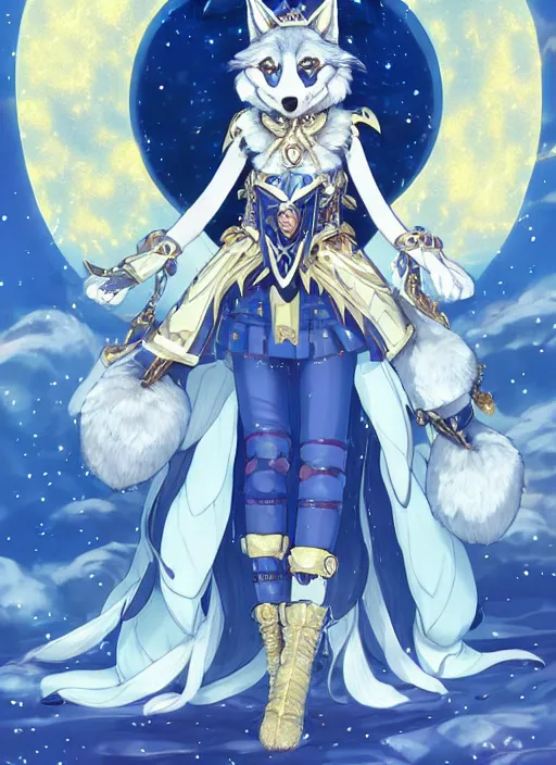 Image similar to commissioned full body portrait of a female anthro wolf princess fursona with a furry wolf head and white hair wearing a blue and gold Japanese armored dress in a white and gold palace on a starry night with a large crescent moon, by a professional manga illustrator, Stanley Artgerm Lau, WLOP, Rossdraws, James Jean, Andrei Riabovitchev, Marc Simonetti, and Sakimichan, trending on artstation