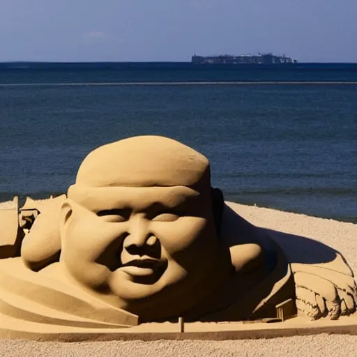 Image similar to a sand sculpture of kim jong un on the beach