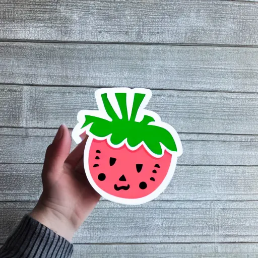 Image similar to hand holding cartoon diecut sticker of cute kawaii watermellon slice with white border and light gray background