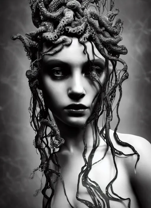 Image similar to surreal mythical dreamy dark artistic black and white fine art photo of a beautiful young female angel - medusa - mermaid - cyborg covered with translucent algae, highly detailed, lace web, rim light, cinematic, studio dramatic light, poetic, octane render, 8 k, photo - realistic, by floria sigismondi