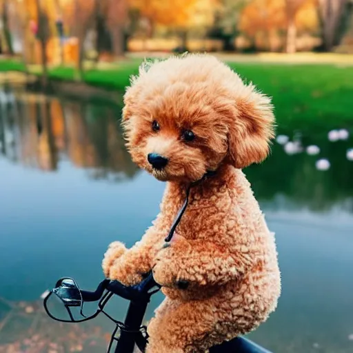 Image similar to A apricot colored toy poodle that looks like a teddy bear riding a bike in a beautiful park with a pond