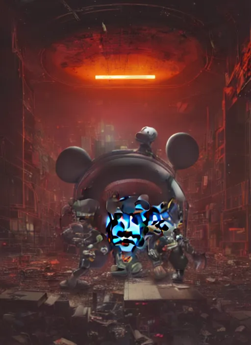 Image similar to giant destroyed head of cyberpunk mickey mouse surrounded by engineers, inside of abandoned netflix office, by beeple, dystopia, golden ratio, octane render, trending on artstation, 8 k