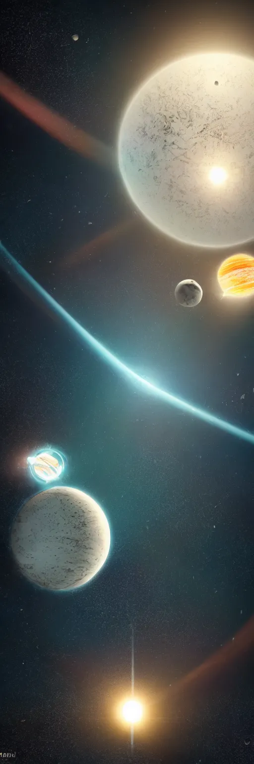 Prompt: an alien planet orbiting around two suns, with three moons, viewed from space, extremely detailed, beautiful, high quality image, dynamic lighting, photorealistic, trending on art station, stunning visuals, creative, cinematic, ultra detailed