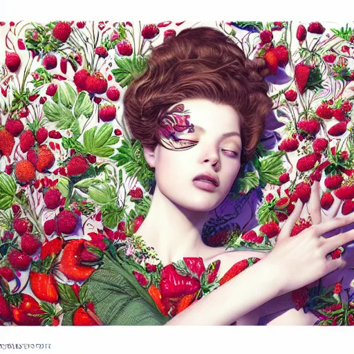 Image similar to the portrait of an absurdly beautiful, graceful, elegant, sophisticated, fashionable woman made of strawberries and green petals looking up, an ultrafine hyperdetailed illustration by kim jung gi, irakli nadar, intricate linework, bright colors, octopath traveler, final fantasy, unreal engine 5 highly rendered, global illumination, radiant light, detailed and intricate environment