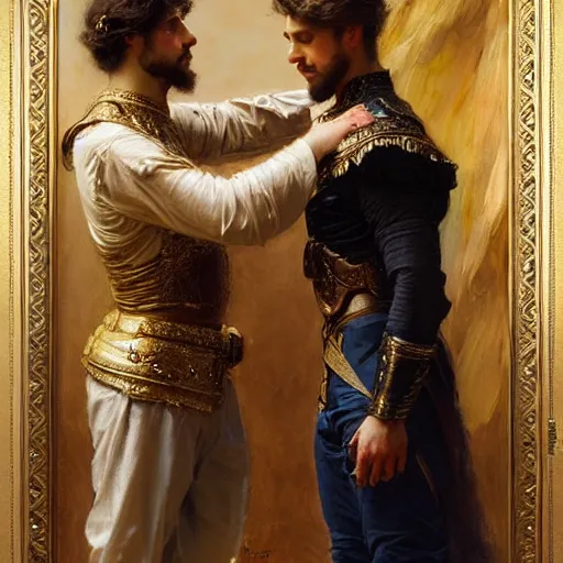 Prompt: attractive fully clothed king confesses his love for his attractive fully clothed male prince. highly detailed painting by gaston bussiere, daniel f. gerhartz, j. c. leyendecker 8 k