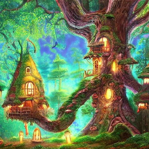 Prompt: treehouse style mansion built in mushrooms in enchanted forest landscape luminescent detailed oil painting 4 k