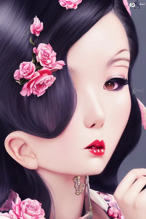 Image similar to a pin up and beautiful fashion dreamlke japan girl with lv jewelry, character art, art by artgerm and wlop and and ilya kuvshinov, hyperdetailed, 8 k realistic, symmetrical, frostbite 3 engine, cryengine, dof, trending on artstation, digital art, chanel, dior, fantasy background