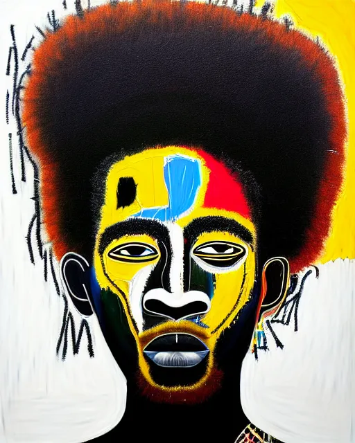 Image similar to high detailed !dream A extremely ultra highly detailed majestic hi-res beautiful immaculate head and shoulders award winning painting stunning masterpiece of the face of a strong black african man with an afro by Jean-Michel Basquiat, 8k, high textures, ultra hyper sharp, insanely detailed and intricate, super detailed, 8k HDR ultra high quality