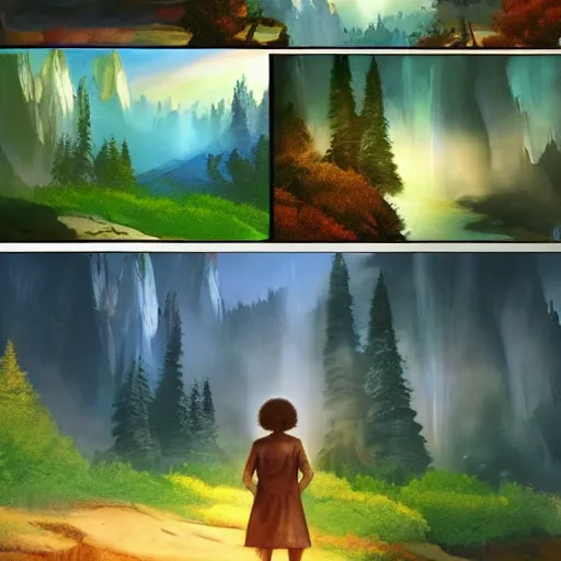 Image similar to bob ross comic book scene of an epic adventure through endless clocks made out of paint, cinematic, realistic, beautiful scenery, matte painting, highly detailed, octane render, unreal engine, volumetric lighting