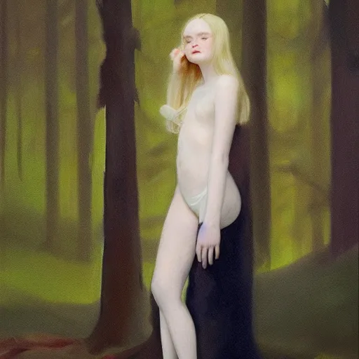 Image similar to Painting of Elle Fanning lost in the dark woods with a flashlight, long blonde hair, delicate, pale milky white porcelain skin, by Edward Hopper. 8K. Extremely detailed.